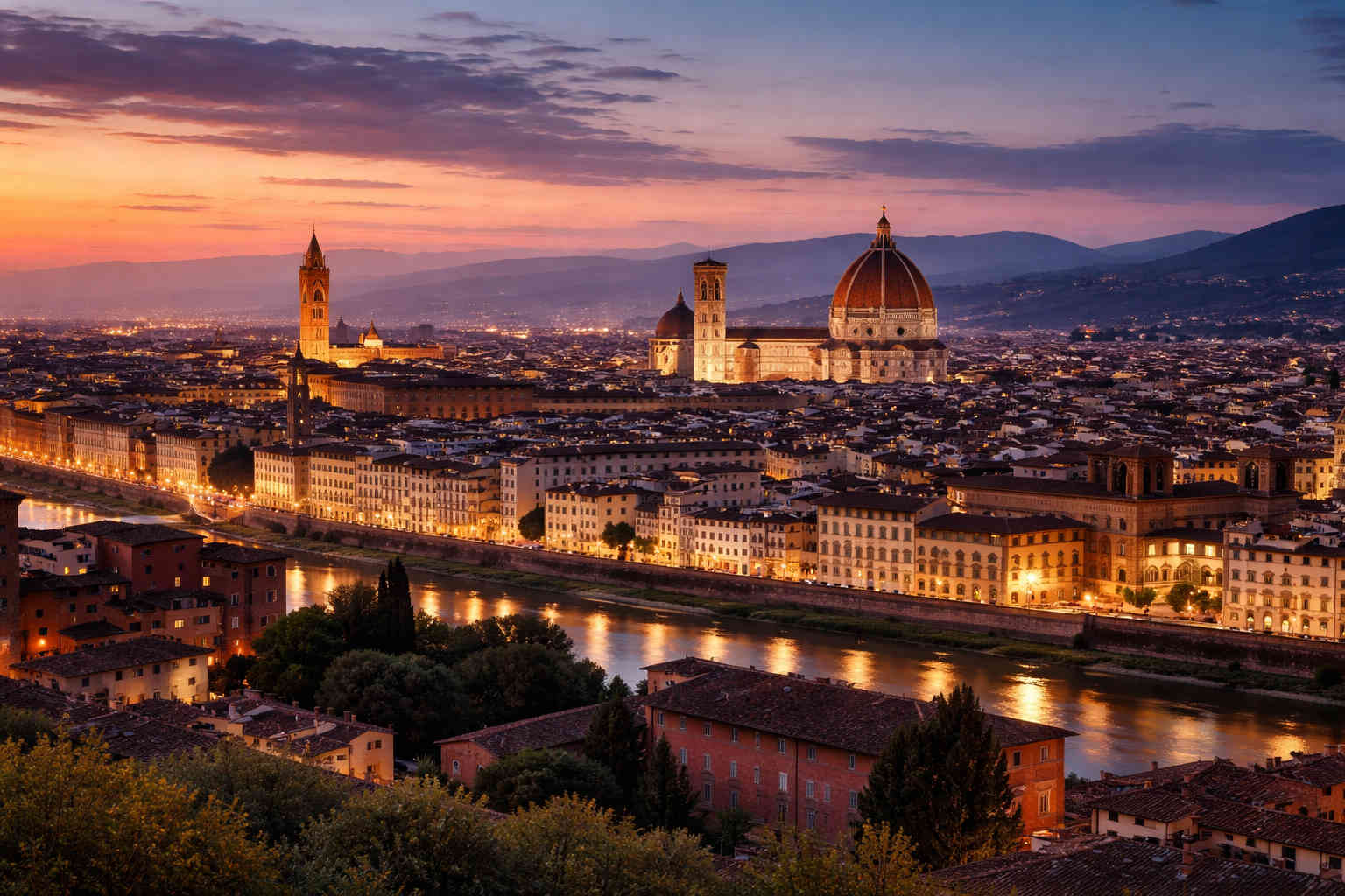 Vista panoramica di Firenze al tramonto con Duomo, Arno e centro storico tra le principali attrazioni della città